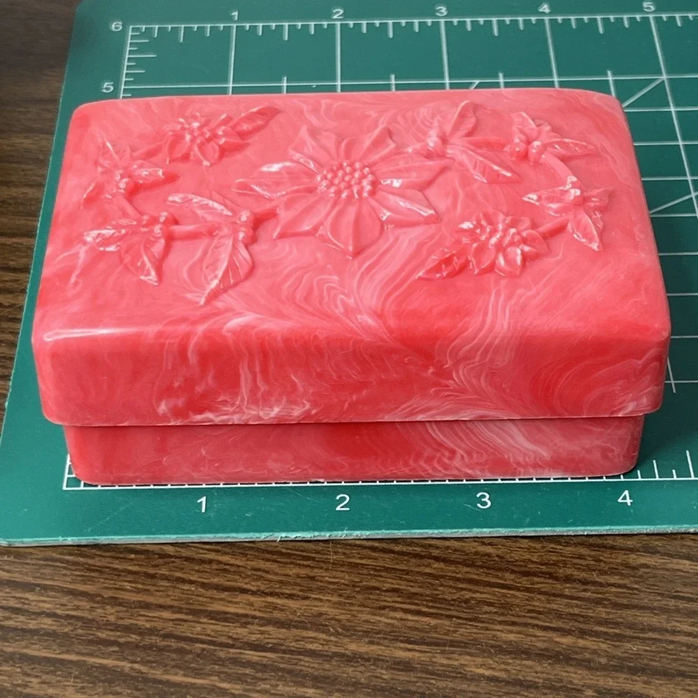 VTG Pink Marbled TILCO Soap / Trinket Box w Floral Embossed Lid Celluloid?